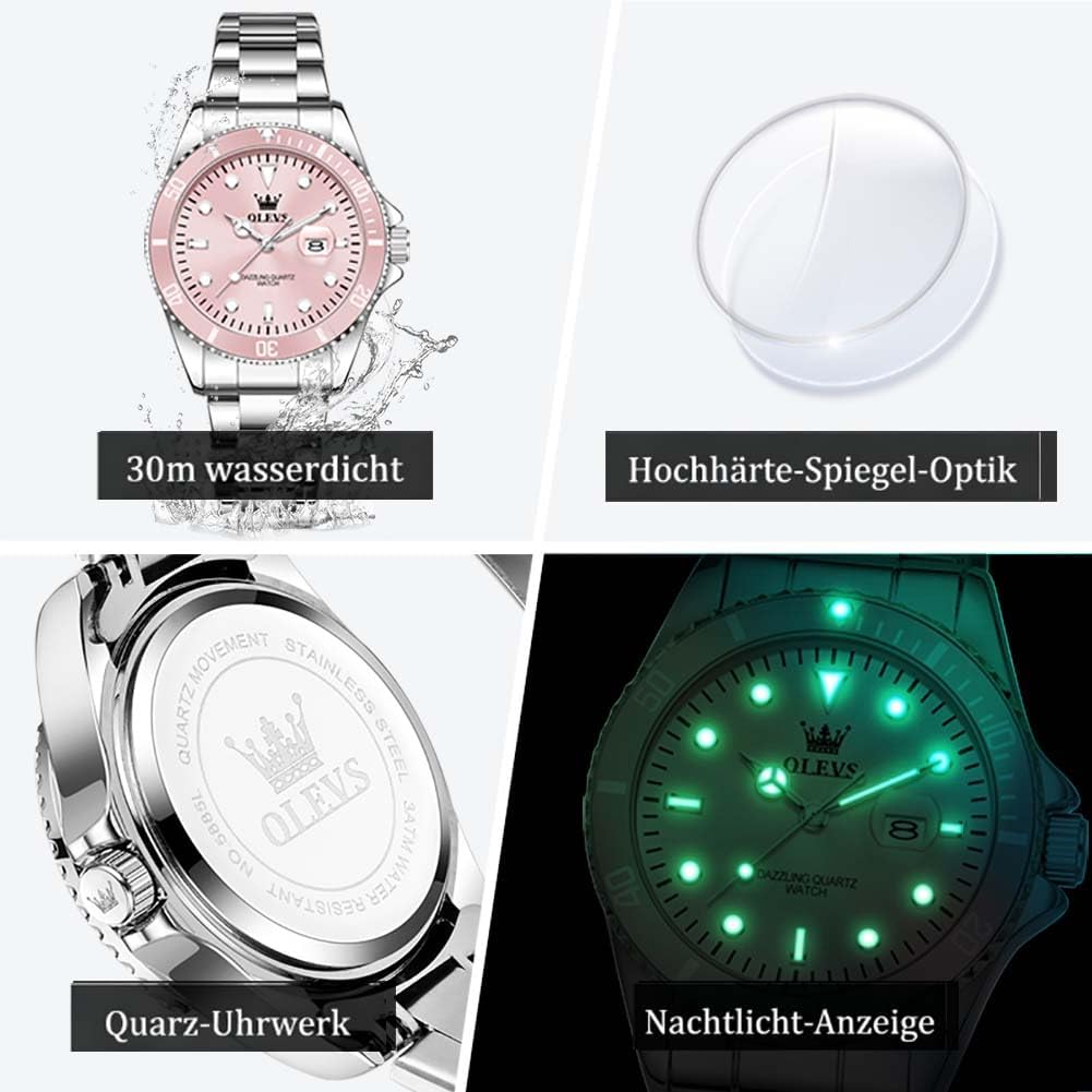 OLEVS Women's Watch Analogue Quartz Waterproof Classic Women's Watch Silver Stainless Steel Strap with Date Diamond Slim Design Suitable for Narrow Wrists – Bild 5