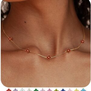 FUNEIA Women's Gold Necklace 18 Carat Gold-Plated with Birthstone Pendant Waterproof Gold Chain with Clover Leaf Adjustable Golden Chain for Girlfriend Women Girls Gold Jewellery Birthday Gift