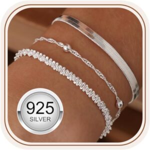3 Pieces Bracelet Silver 925 Women’s Stackable Bracelets Set Adjustable Bracelet Snake Chain Bracelets for Women Silver Bracelet Jewellery with Gift Box