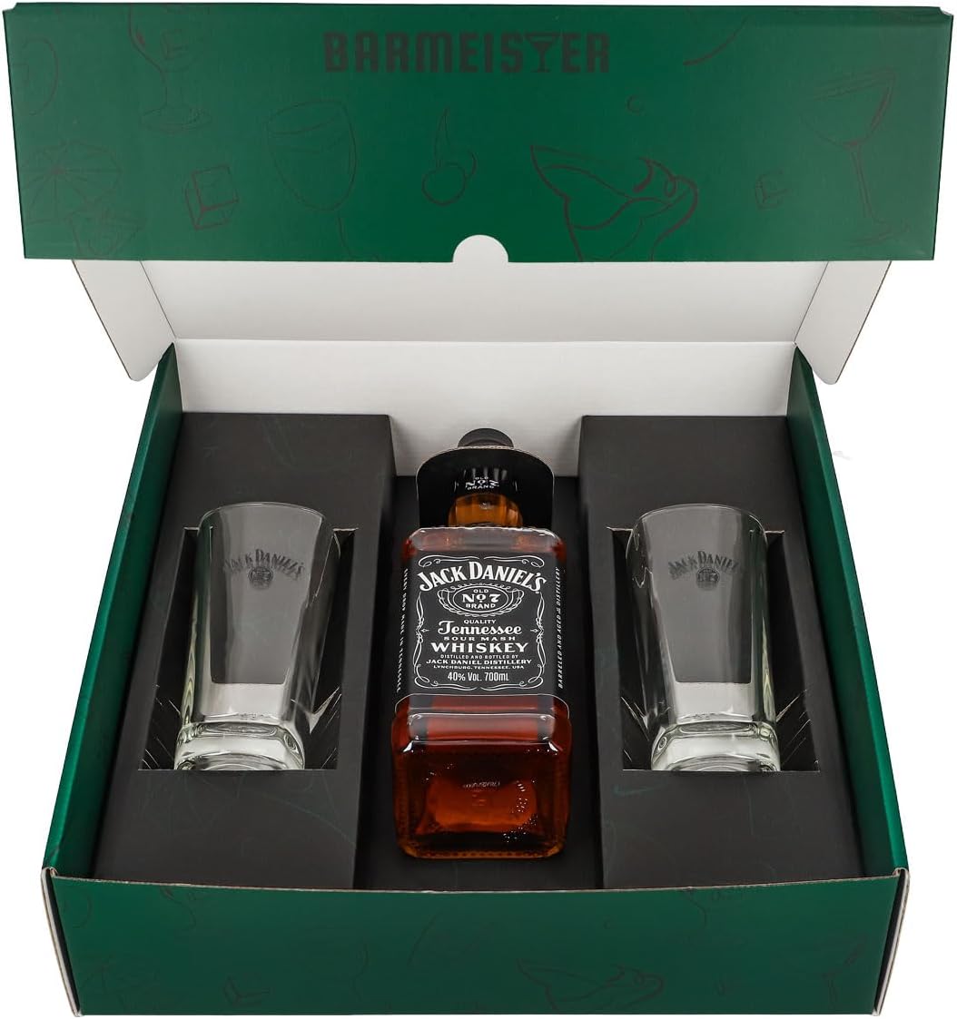 Sipply 3-Piece Gift Set with 2 Long Drink Glasses and 1 Bottle Jack Daniels 0.7 L 40.0% Vol. | with Gift Packaging: Green | Gift for Women Men Mum Dad Girlfriend for Christmas Easter – Bild 2
