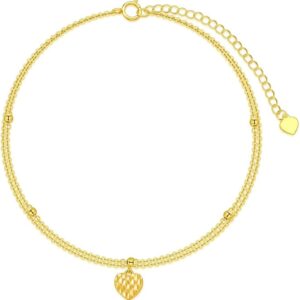 375/9K Real Gold Heart Anklet for Women, Yellow Gold Heart Double Chain Anklet, Jewellery Gift for Anniversary, Birthday for Wife, Mother, Girlfriend, 20 + 5 cm