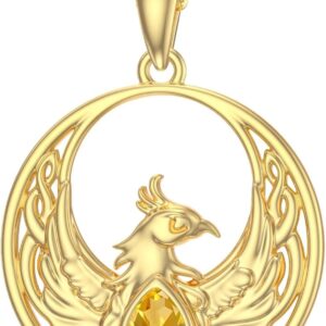 Rikelus 9K Real Gold Phoenix Necklace with Natural Citrine for Women, Yellow Gold Necklace with Phoenix Bird Pendant, Jewellery, Birthday and Christmas Gifts for Her 40 + 5 cm