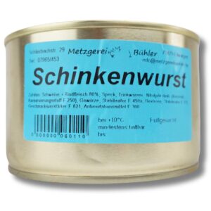 Ham Sausage Canned Sausage Canned Sausage Ham Sausage in a Tin 120 g 190 g 300 g 390 g Traditional German Sausage Preserve from Landmetzgerei Bühler (390 g)