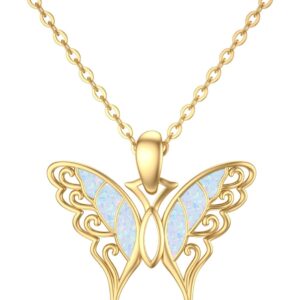 9K Real Gold Butterfly Necklace with Opal for Women, 375/9ct Gold Butterfly Pendant Necklace, Butterfly Gifts for Birthday, Christmas, 40+5cm