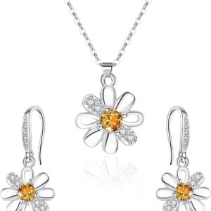HEEYA Jewellery Set Daisy Necklace & Earrings with Pendant Necklaces Earrings Flowers with 5A Cubic Zirconia Women’s Jewellery Set for Women Silver Jewellery Set Flowers Birthday Gifts