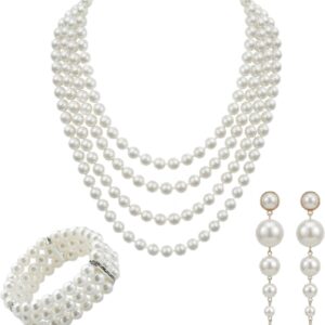 Set of 3 Beads with Long Earrings, 3 Rows Stretch Pearl Bracelet, 1920s Pearl Necklace, 1920s Accessories, Pearl Jewellery Set for Women for Party, Prom, Wedding, Festival