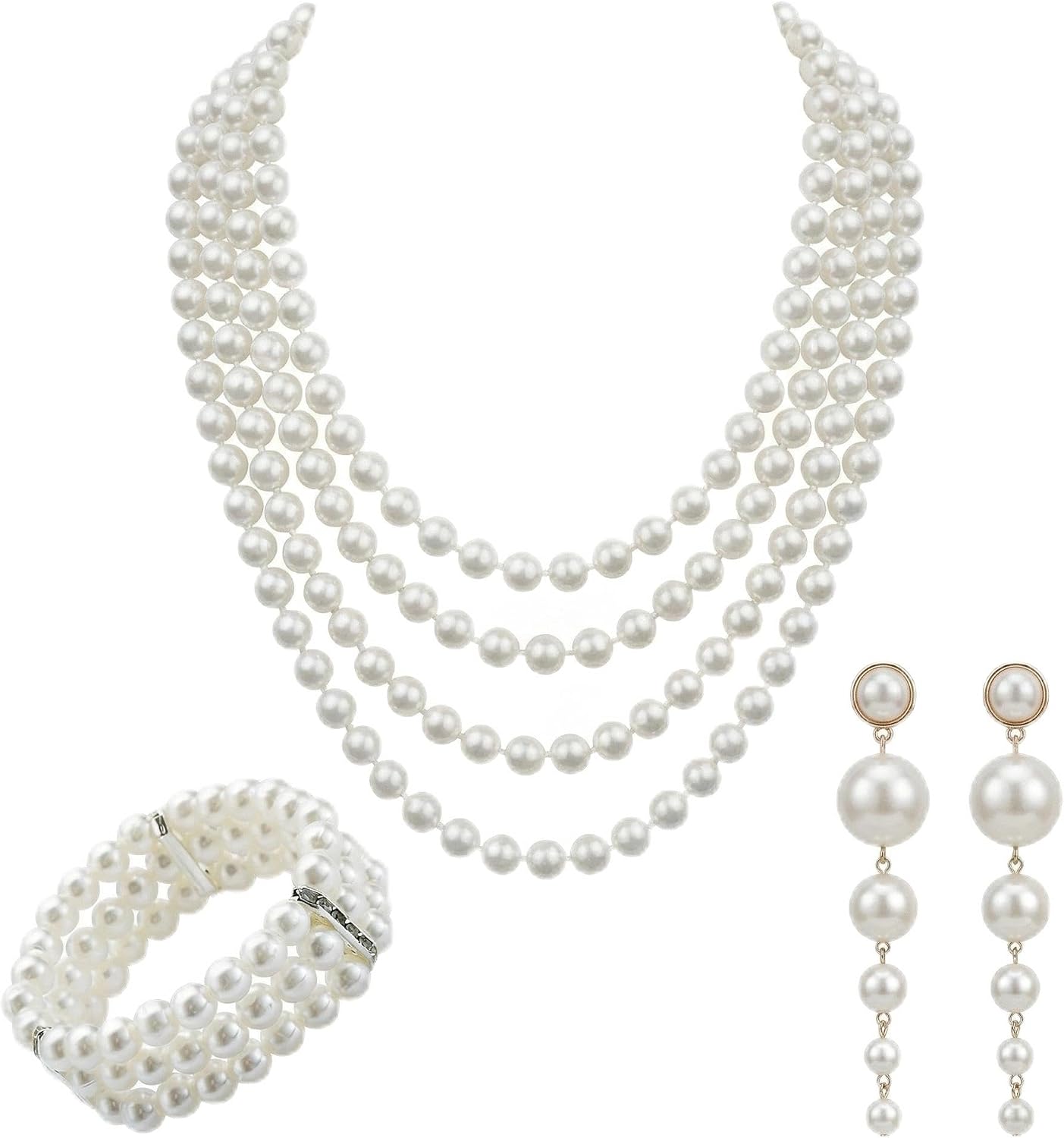 Set of 3 Beads with Long Earrings, 3 Rows Stretch Pearl Bracelet, 1920s Pearl Necklace, 1920s Accessories, Pearl Jewellery Set for Women for Party, Prom, Wedding, Festival