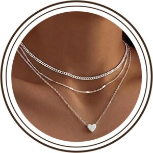 Women’s Choker 925 Sterling Silver, 3 Pieces, Layering Long Silver Chain, 925 Silver Women’s with Heart Pendant Necklaces Chain Women’s Necklace for Women