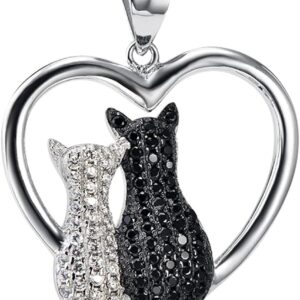 Cat Necklace Sterling Silver Cubic Zirconia Double Cats Heart Pendant Necklace