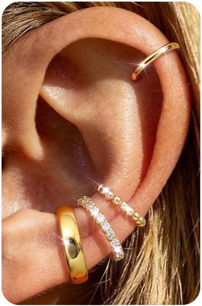 Morfetto Ear Cuff Set for Women Without Piercing - 4 Pairs 14K Gold-Plated Ear Cuffs Fake Helix Non-fading Cartilage Earrings for Unpierced Use, Adjustable Ear Cuffs in Gift Box