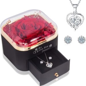 Eternal Real Rose with 925 Sterling Silver Necklace and Earrings