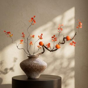 Set of 3 Artificial Fig & Eucalyptus Branches with Persimmon Fruits