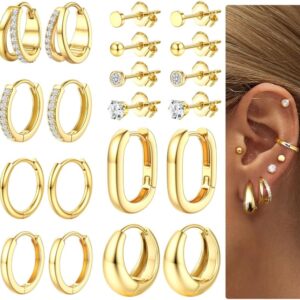 Dochais 10 Pairs Earrings Gold/Silver Set 316L Surgical Steel Hoop Earrings Gold Huggie 14K Gold-Plated Hypoallergenic Zirconia Earrings Gold Earrings Women’s Multiple Piercings