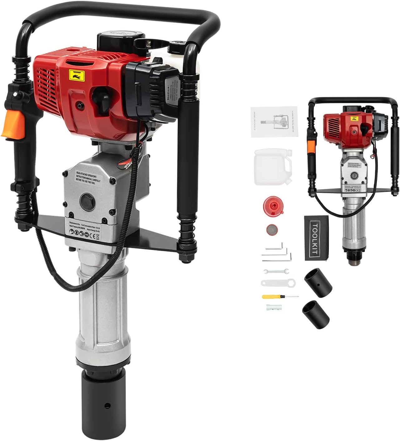 52CC 2-Stroke Petrol Stake Drive, 1900 W 45J Aluminium Portable Single Cylinder Professional Post Driver Hand Ram Fence Post Ram Earth Hole Drill with 55 mm 70 mm Sleeve for Fence Construction