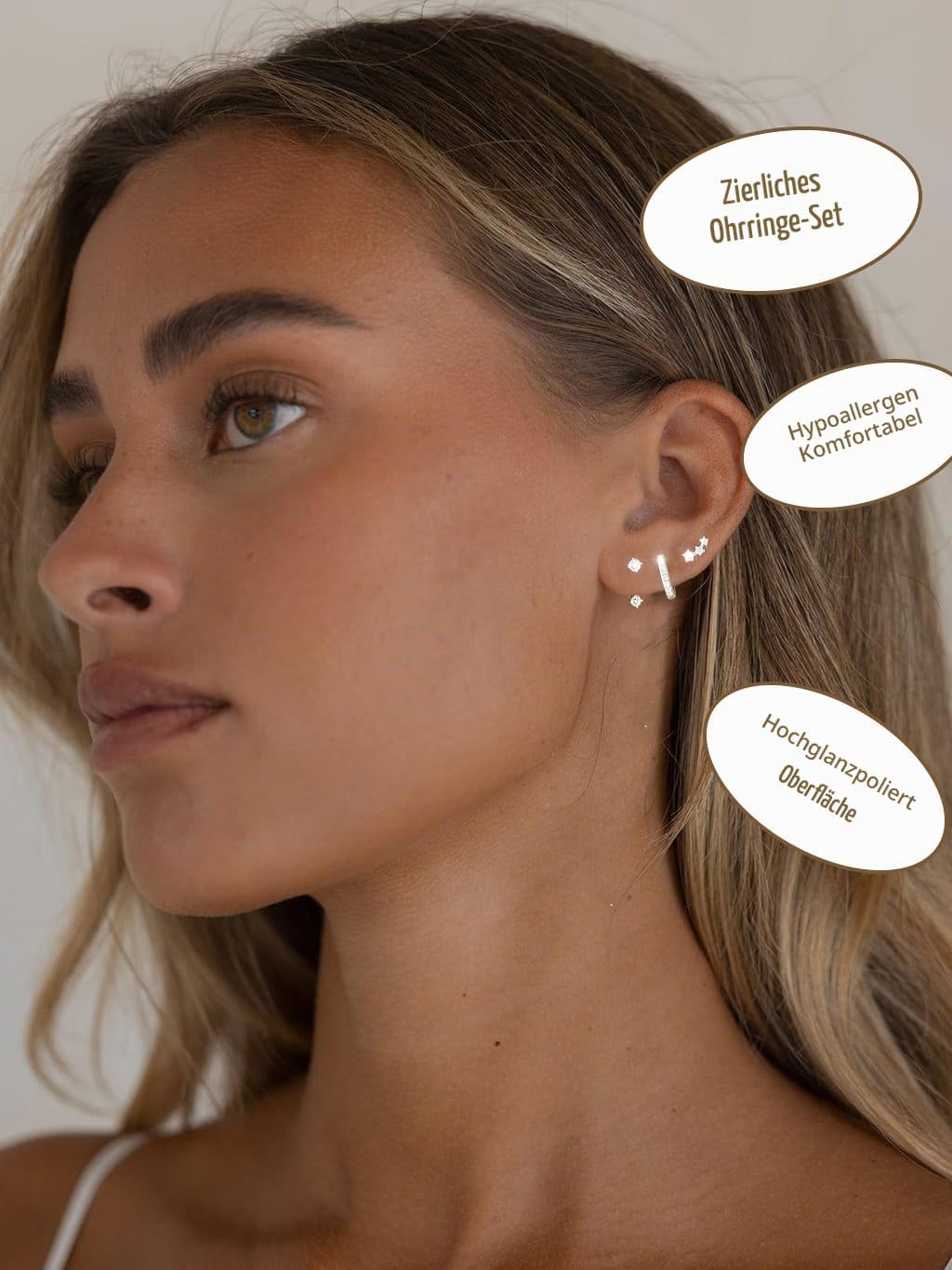 3 Pairs of Earrings Silver 925 Set for Women Hoop Earrings Hypoallergenic Earrings Small Zirconia Stud Earrings Silver Jewellery for Multiple Piercings – Bild 3