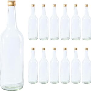 Vitrea 12 Empty Glass Bottles 1 Litre Screw Cap Gold – Large Bottles for Filling with Lid – for Wine, Juice, Drinks, Liquor, Oil, Sauces – Pack of 12, PP28, Straight Neck
