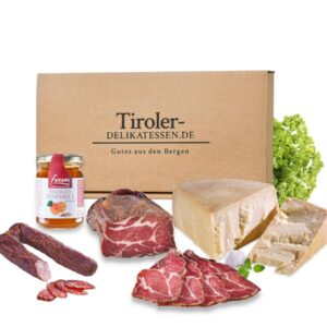 Almgourmet, Gift Set „Tyrolean Tasting Box“ – 700 g – Compilation of 4 Savoury Tyrolean Products – with Bacon, Cheese and Spices