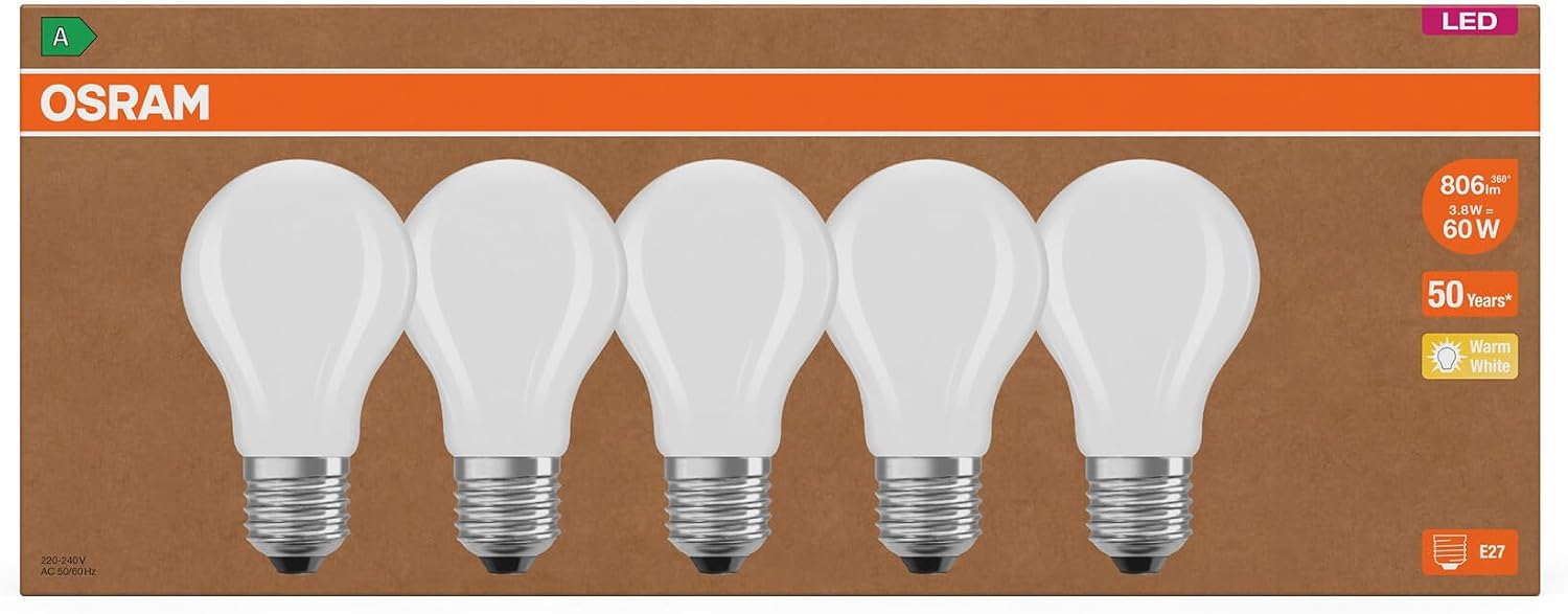 Osram Highly Efficient LED Bulbs with Energy Efficiency Class A, Value Pack of 5 Bulbs, Replaces Conventional 60 W Bulbs, Warm White (2700 K), E27, Matte Glass – Bild 4