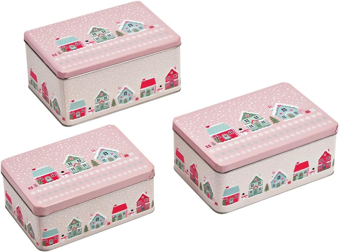 Biscuit Tins Square Merry Christmas Set of 3 - Metal Cookie Tins Pink Scandi Christmas Village Houses for Cookies Biscuits & Snacks - Biscuit Tin Storage Tin with Lid in 3 Sizes