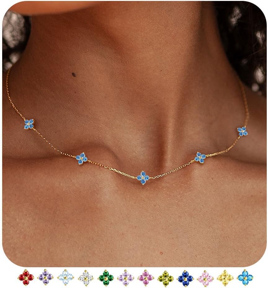 FUNEIA Women's Gold Necklace 18 Carat Gold-Plated with Birthstone Pendant Waterproof Gold Chain with Clover Leaf Adjustable Golden Chain for Girlfriend Women Girls Gold Jewellery Birthday Gift