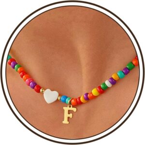Colourful Letter Necklace with Heart Pendant, 14K Gold Plated Boho Pearl Necklace with Letters, Personalised A-Z Initial Gold Chain, Name Necklace, Anniversary, Wedding Anniversary Gifts for Women