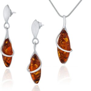 Small Women's Jewellery Set Marquise Sterling Silver 925 Finish Shine Cognac Baltic Amber Pendant with Chain and Earrings