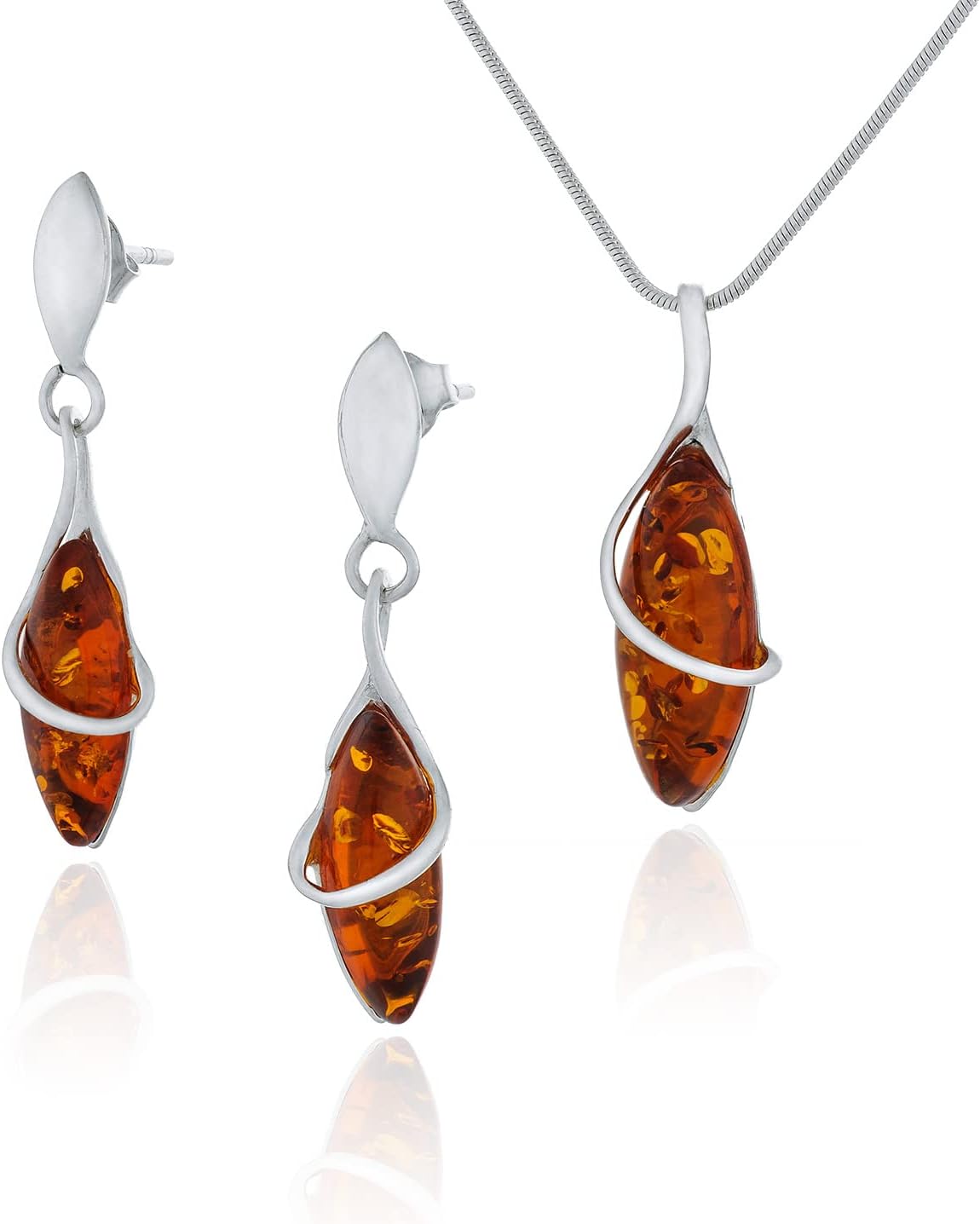Small Women's Jewellery Set Marquise Sterling Silver 925 Finish Shine Cognac Baltic Amber Pendant with Chain and Earrings