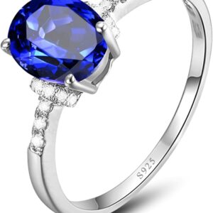 Epinki Women's Vintage S925 Silver Oval Ring with Simulated Blue Sapphire Couple Rings Solitaire Engagement Ring Real Silver Jewellery Size 47-65