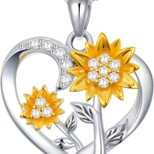 375/9K Real Gold Heart Necklace for Women, White/Yellow Gold Natural Diamonds Sunflower Pendant | You are my Sunshine, Elegant Jewellery, Anniversary, Birthday Gift for Wife Girlfriend