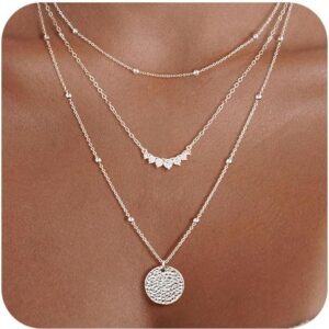 Women’s 925 Silver Necklace, 14 Carat Real Gold-Plated Gold Chain, Layering Silver Chain Necklace with Pendant, Multi-Row Chains, Personalised Chain, Jewellery, Birthday Gift for Teenage