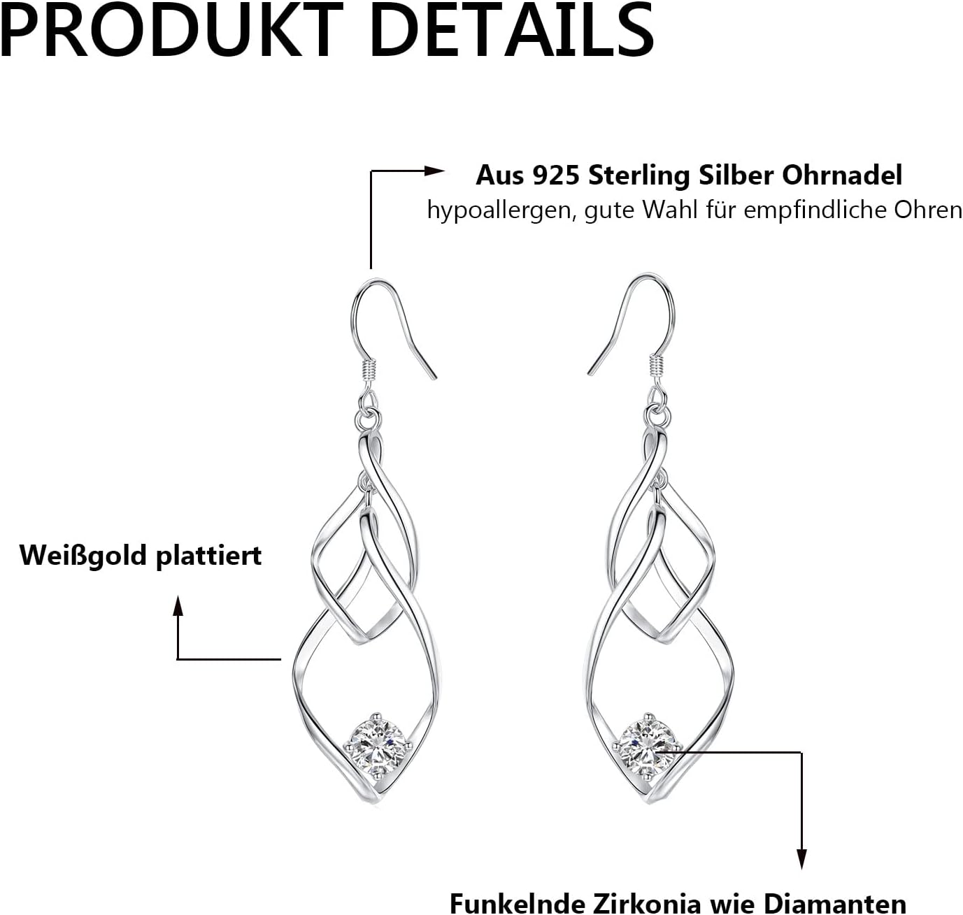 Earrings Silver 925 Gold Stud Earrings for Women Men Girls, Earrings with 5A Cubic Zirconia, Hanging Earrings – Bild 5