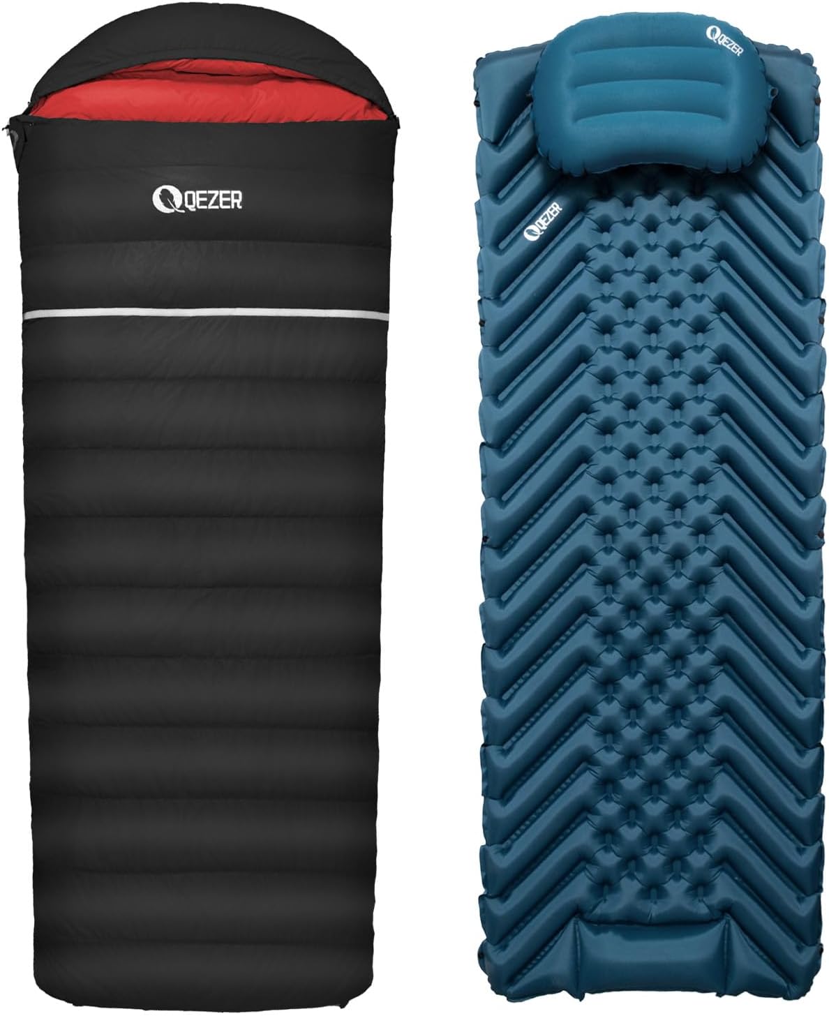 Adult Down Sleeping Bag Set Including Ultra Lightweight Inflatable Sleeping Mat and Pillow