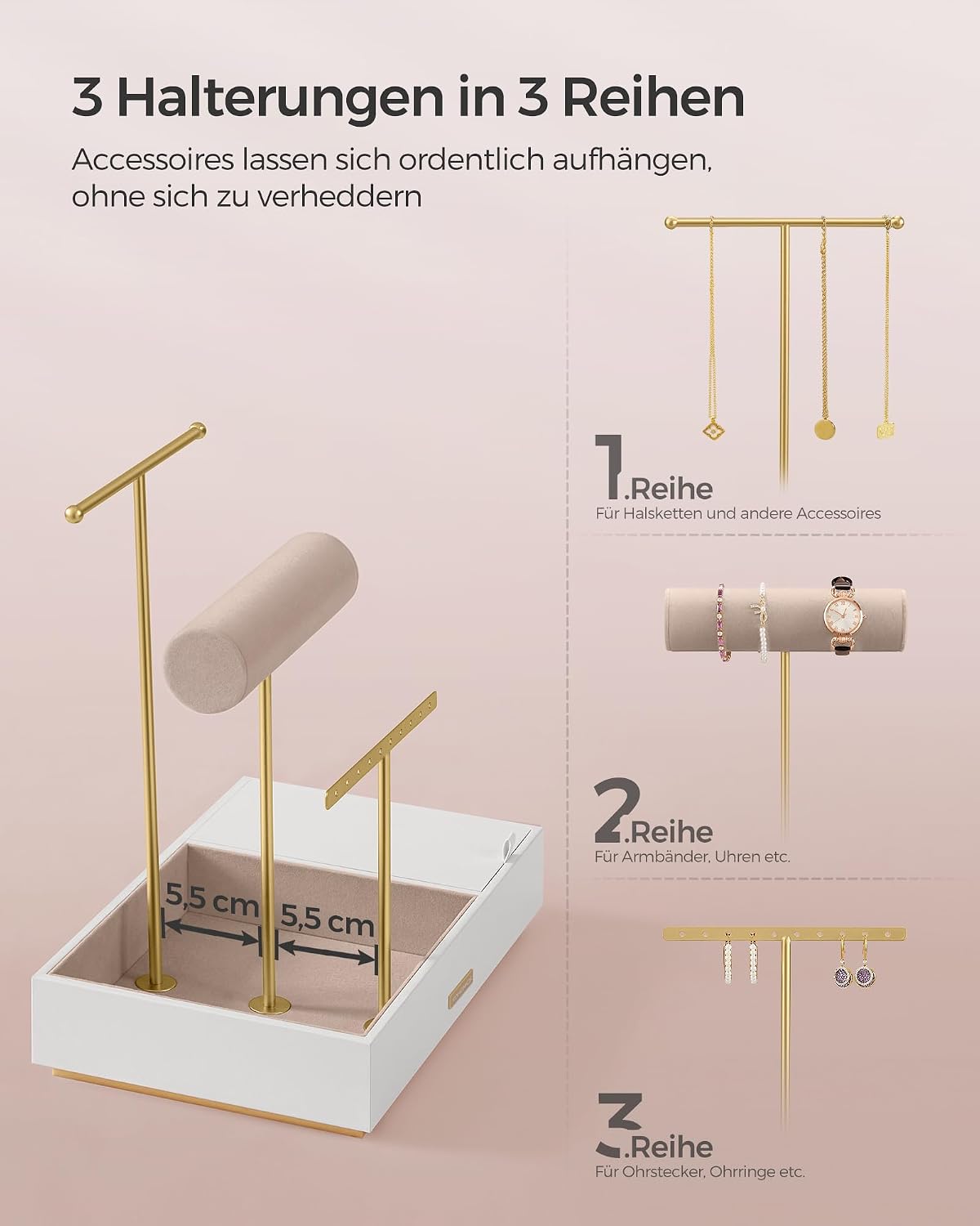 Songmics Jewellery Organiser with 3 Levels, Velvet Jewellery Stand – Bild 3