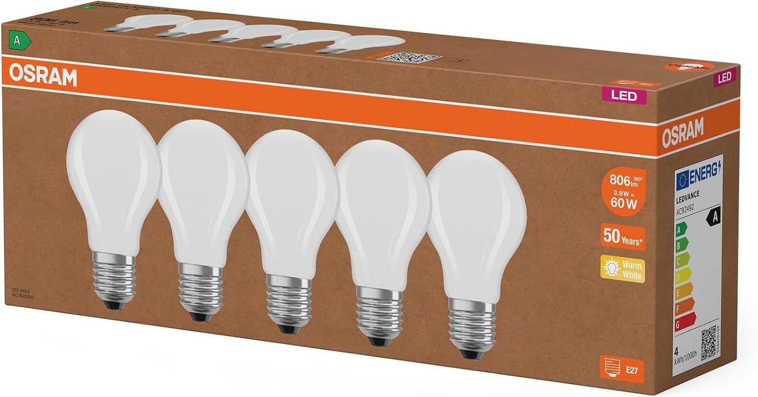 Osram Highly Efficient LED Bulbs with Energy Efficiency Class A, Value Pack of 5 Bulbs, Replaces Conventional 60 W Bulbs, Warm White (2700 K), E27, Matte Glass – Bild 3
