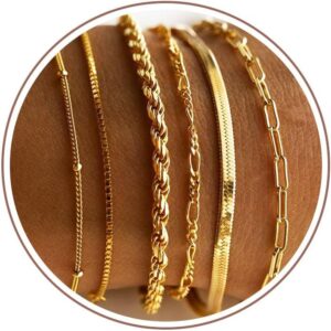 Tewiky Armband für Damen, 14K Gold Schlange Ketten Armbänder Set