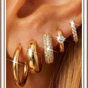 Finrezio 5 Pairs of Hoop Earrings Gold/Silver for Women Earrings Gold Small Chunky Gold Earrings Set Golden Earrings Women’s Hypoallergenic Gold Huggie Sleeper Earring Gold Jewellery Gift for Women
