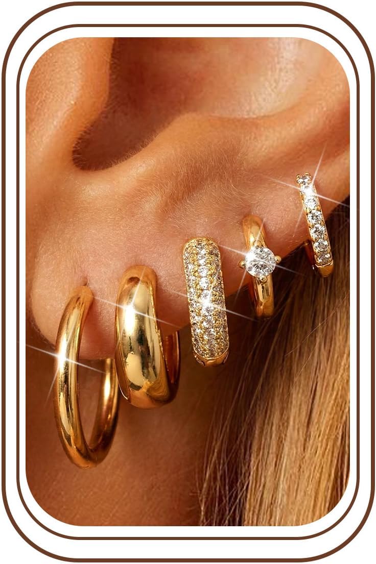 Finrezio 5 Pairs of Hoop Earrings Gold/Silver for Women Earrings Gold Small Chunky Gold Earrings Set Golden Earrings Women's Hypoallergenic Gold Huggie Sleeper Earring Gold Jewellery Gift for Women