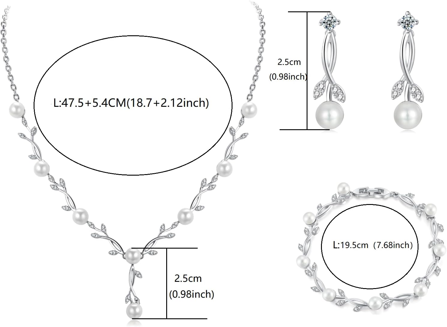 Wedding 925 Jewellery Set Silver Women's Necklace Bracelet Earrings in the Shape of a Leaf with Pearls and Zirconia, Wedding Anniversary Gifts for Bride Women – Bild 2