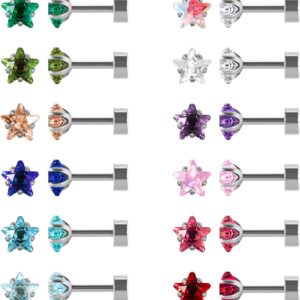 12 Pairs Flat Back Surgical Stainless Steel Stud Earrings, Screw Back Heart Star Square Teardrop Round Gold Plated Silver Cubic Zirconia CZ Birthstone Stud Earrings Set