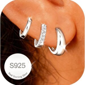 AVOTTO 3 Pairs of Earrings Silver 925 Set for Women Hypoallergenic 14K Gold Earring Stacks Silver Earrings Huggie Hoops Earrings for Multiple Piercings