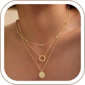 Turandoss Women's Gold Chain, 14 K Gold-Plated Layering Necklace, Women's Chain with Coin Beads Pendant, Snake Chain, Figaro Stackable Necklace Set, Birthday Gift for Girls, Women, Pack of 3