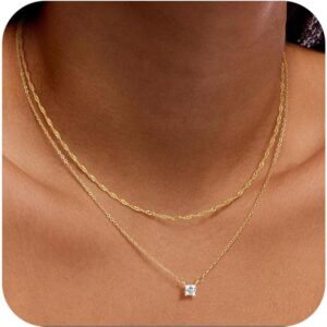 Women’s 925/14 K Silver Chain, Layerd, Multi-Row Silver Chain, 925/14 K with Cubic Zirconia Pendant, Waterproof Necklace, Boho Fashion Jewellery, Gift for Women, Girls, 38/45 cm