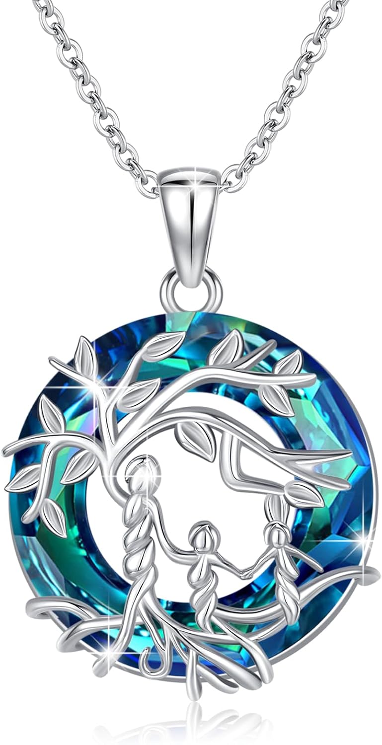 Women's Tree of Life Necklace 925 Sterling Silver Mother Children Daughter Son Tree of Life Family Heart Pendant Jewellery Gifts for Mum Girls