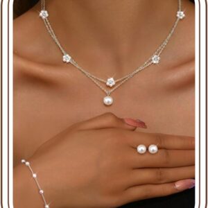 Krfy Jewellery Set Women’s Gold Silver Jewellery Set Stainless Steel Beads Necklace Bracelets Earrings Silver Jewellery Cubic Zirconia Bow Women’s Necklace Bracelet Stud Pearl Necklace Jewellery Women
