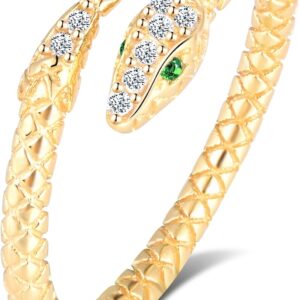 Women’s Ring 925 Sterling Silver Open Ring Retro Cubic Zirconia Snake Design Adjustable Ring Finger Ring (Gold)