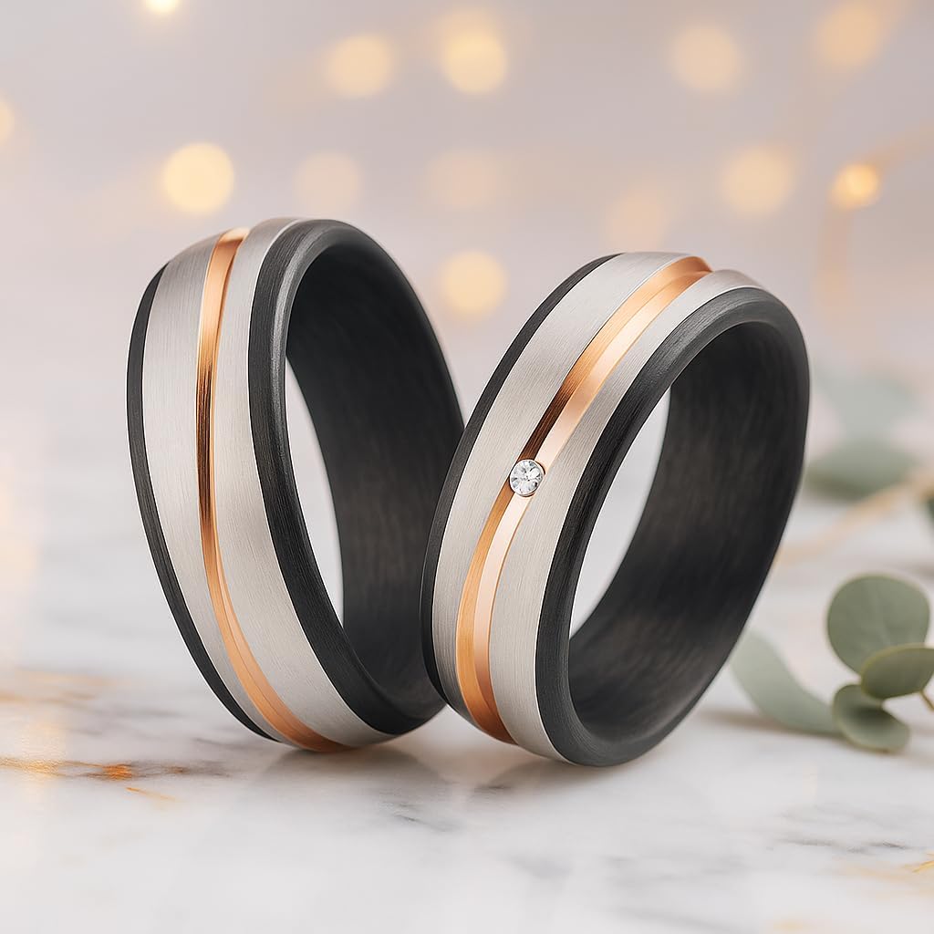 Blue Moon Diamonds Wedding Rings & Partner Rings Made of Titanium, Carbon & Rose Gold with Diamond 0.010 Carat W/SI, Pair of Wedding Rings with Engraving and Case, 7 mm, Size 50-74, Model 4286 – Bild 2