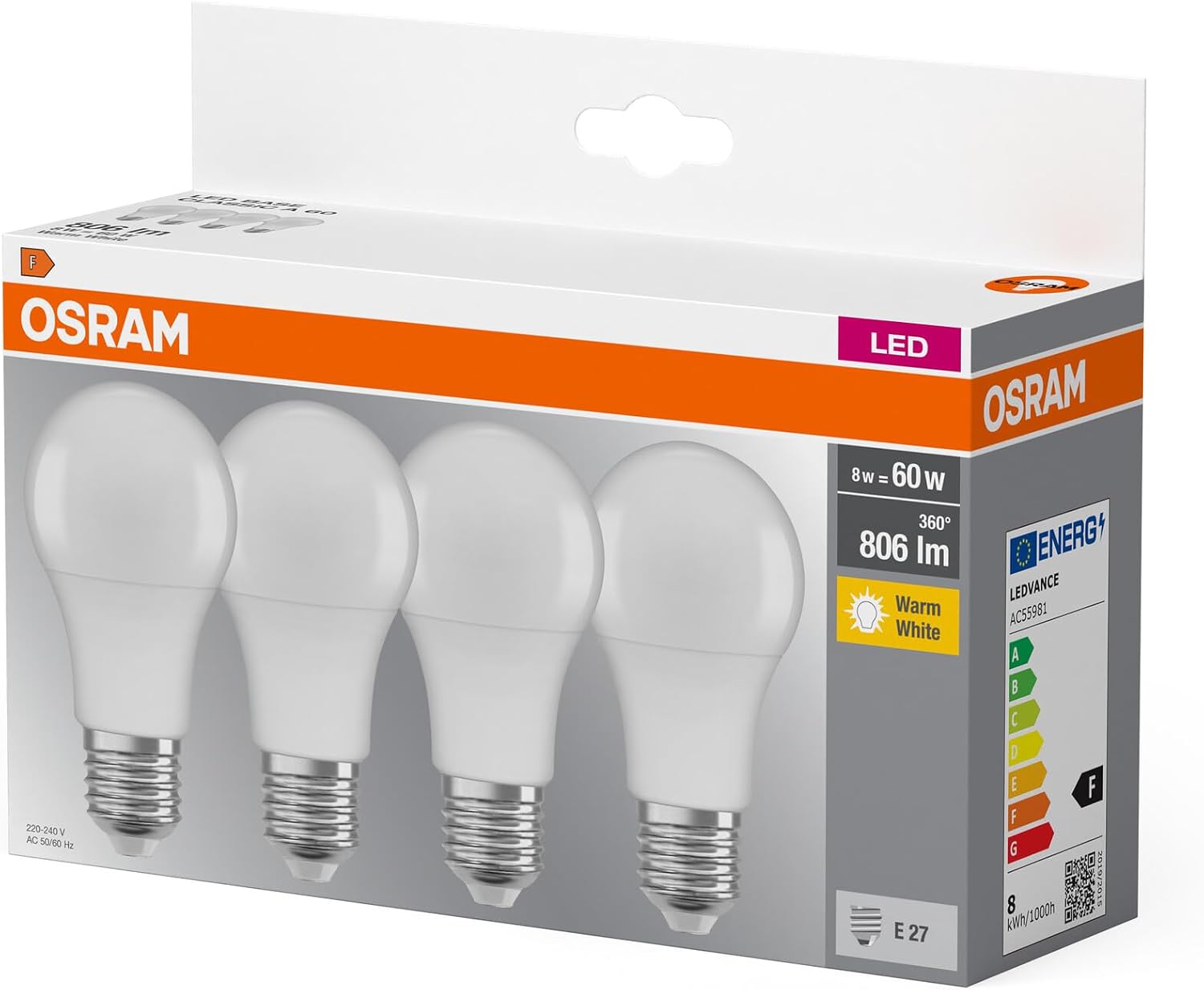 Osram 4 x LED Base Classic A Bulb, E27 Base, Non-Dimmable, Replaces 60 Watt, Matt, Warm White - 2700 Kelvin, Pack of 4 – Bild 5