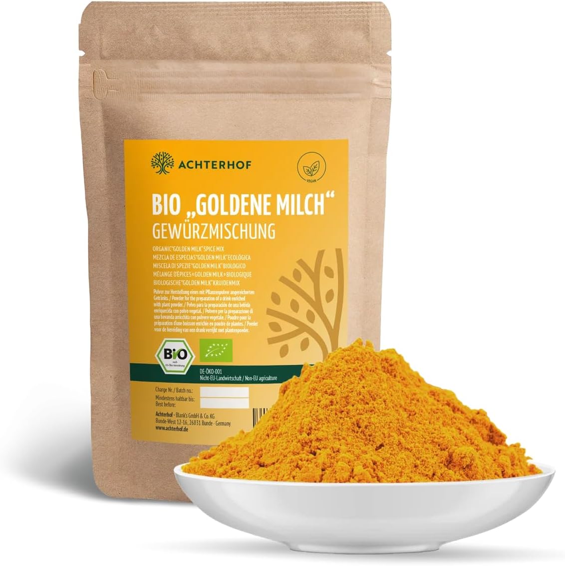Golden Milk Spice Mix Organic 500 g Basic Ingredients for Golden Milk Ready Mixed with Turmeric Powder, Ginger Powder and Ceylon Cinnamon from Achterhof – Bild 2