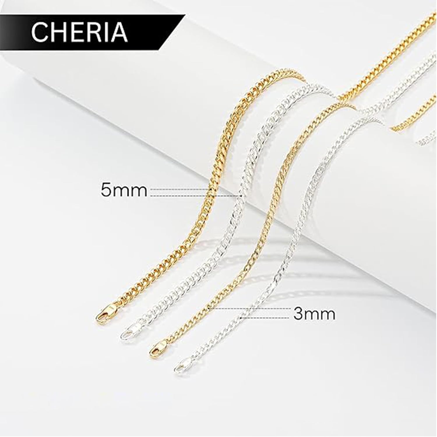 Cheria Men's 3/5 mm Silver Chain & 14k Gold Chain, Curb Chain & Figaro Chain, Men's Necklace Chain 50/55/60 cm – Bild 2