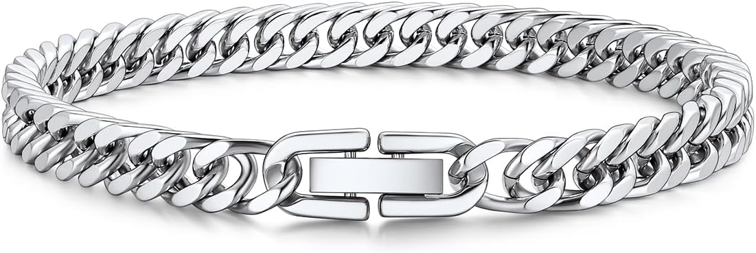 Bandmax Men's Bracelet Stainless Steel Curb Bracelet 6/8/12/17 mm Solid Cuban Link Bracelet 19/21/23 cm Heavy Curb Chain Bracelet with Folding Clasp Men's Bangle Jewellery for Birthday Father's Day